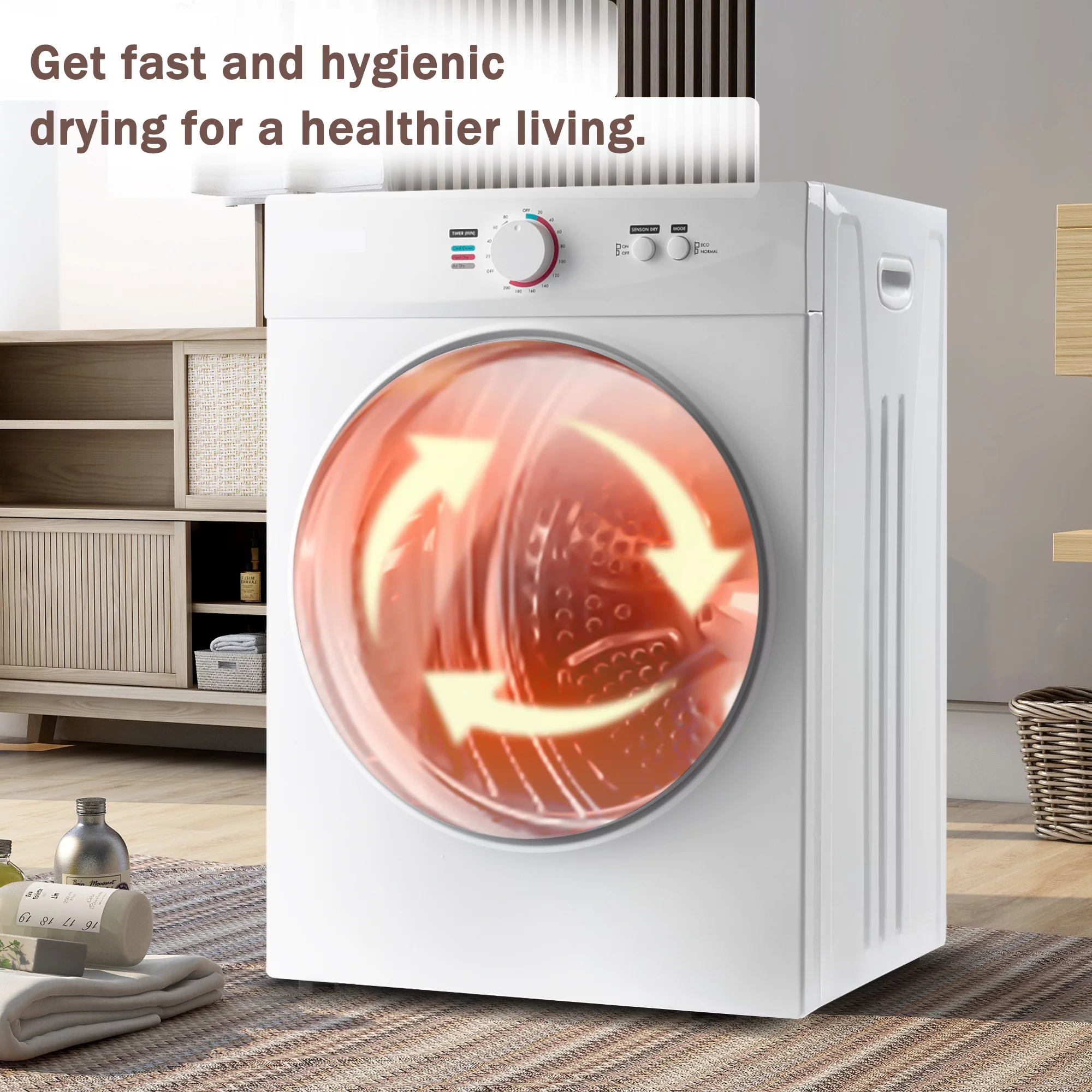 Portable Laundry Dryer With Easy Knob Control for 5 Modes, Stainless Steel Clothes Dryers, for Home, Dorm, Apartment And Rv, Wall Mount Kit Included