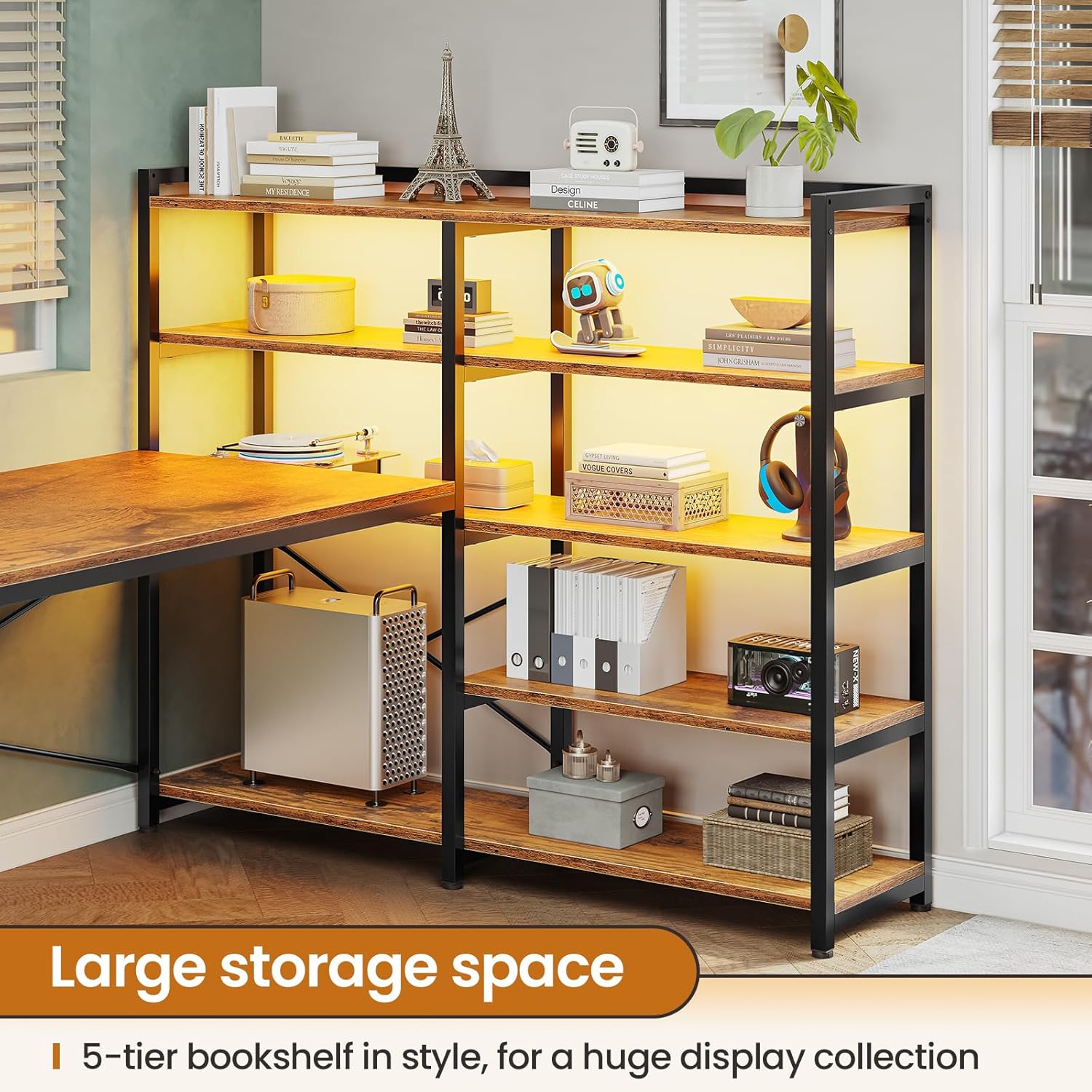 SEDETA L Shaped Computer Desk, 64.5'' Reversible U Shaped Office Desk with Storage Shelves & Power Outlet, L Shaped Gaming Desk with LED Light, Bookshelf for Home Office, Rustic Brown