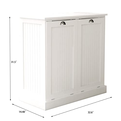 Double Tilt Out Trash Cabinet Laundry Sorter Cabinet Free Standing Laundry Cabinets and Storage Dog Proof Recycling Cabinet Kitchen Island with Garbage Bin (White)