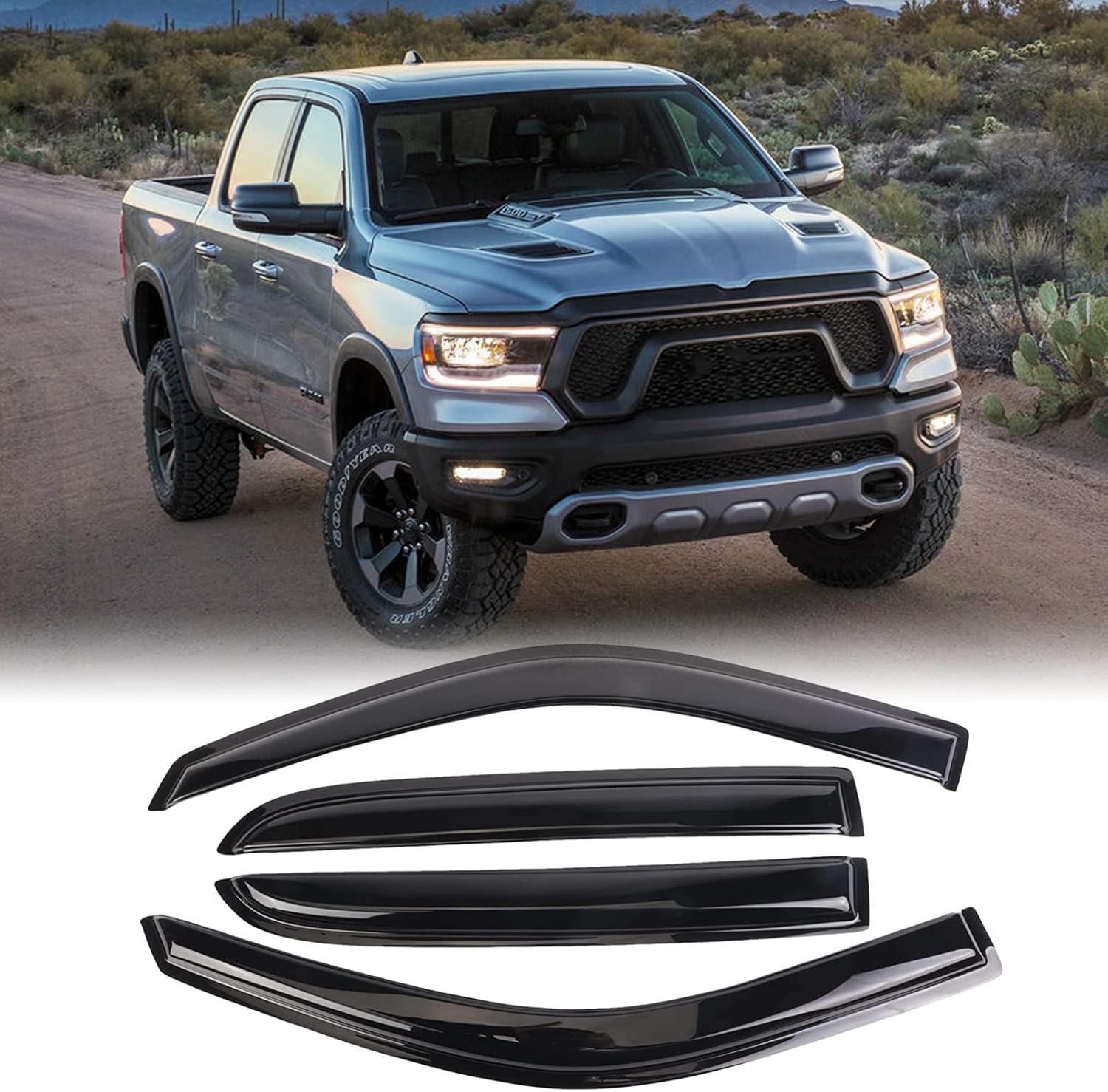 AUTOTOP 4PCS Tape On Dark Smoke Window Deflectors Sun Rain Vent Guard for 2009-2018 Ram 1500 Crew Cab / Mega Cab