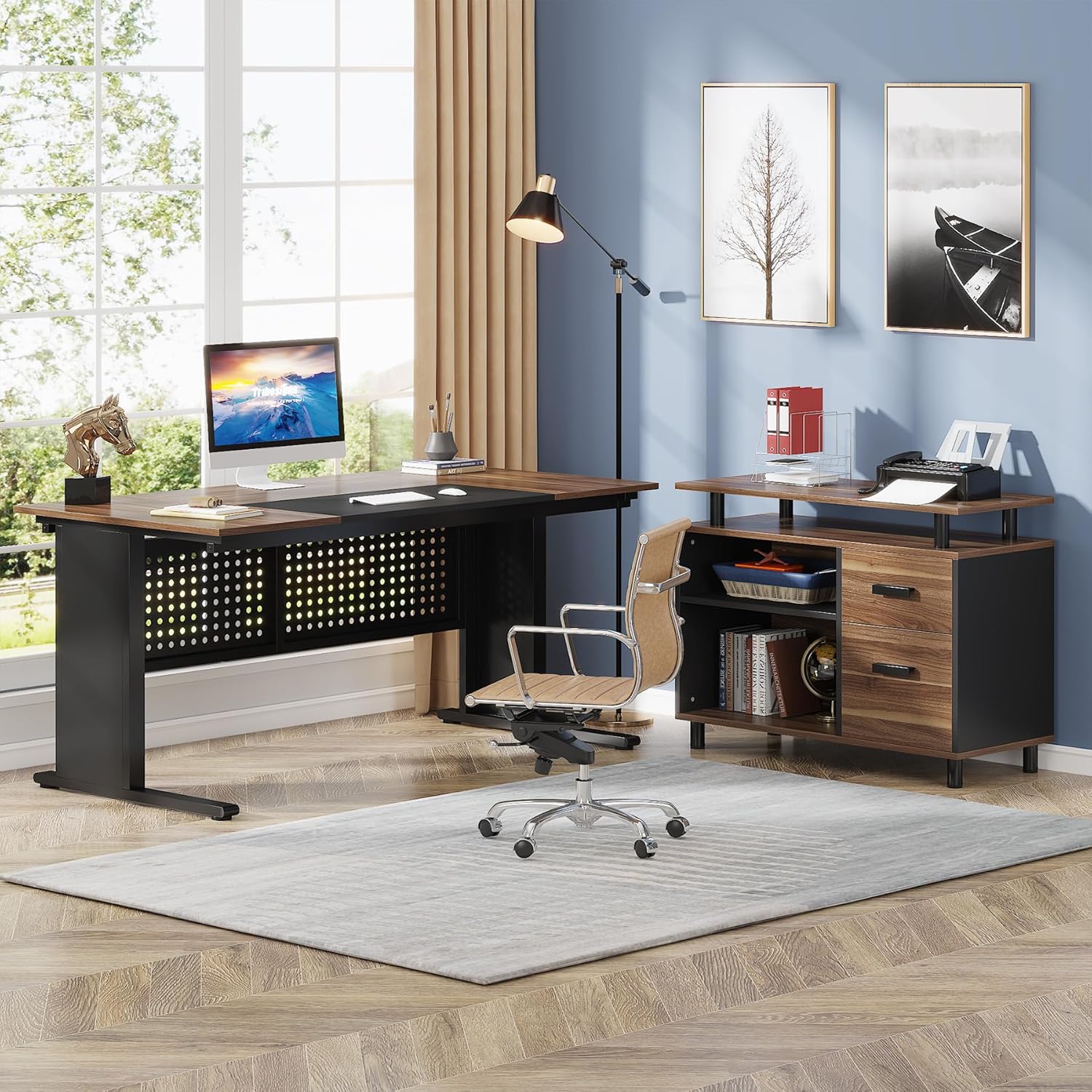 Large Computer Desk with File Cabinet, 63 Inch Executive Desk L Shaped Office Desk, Business Furniture Desk Workstation for Home Office, Brown and Black