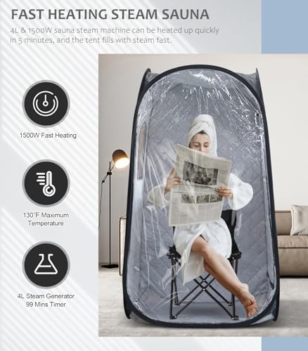 Portable Steam Sauna Tent with 4L 1500W Steamer, Foldable Chair, Home Sauna Spa Tent for Detox Relaxation, One Person Full Body Pop Up Personal Sauna Box Steam Room, Black