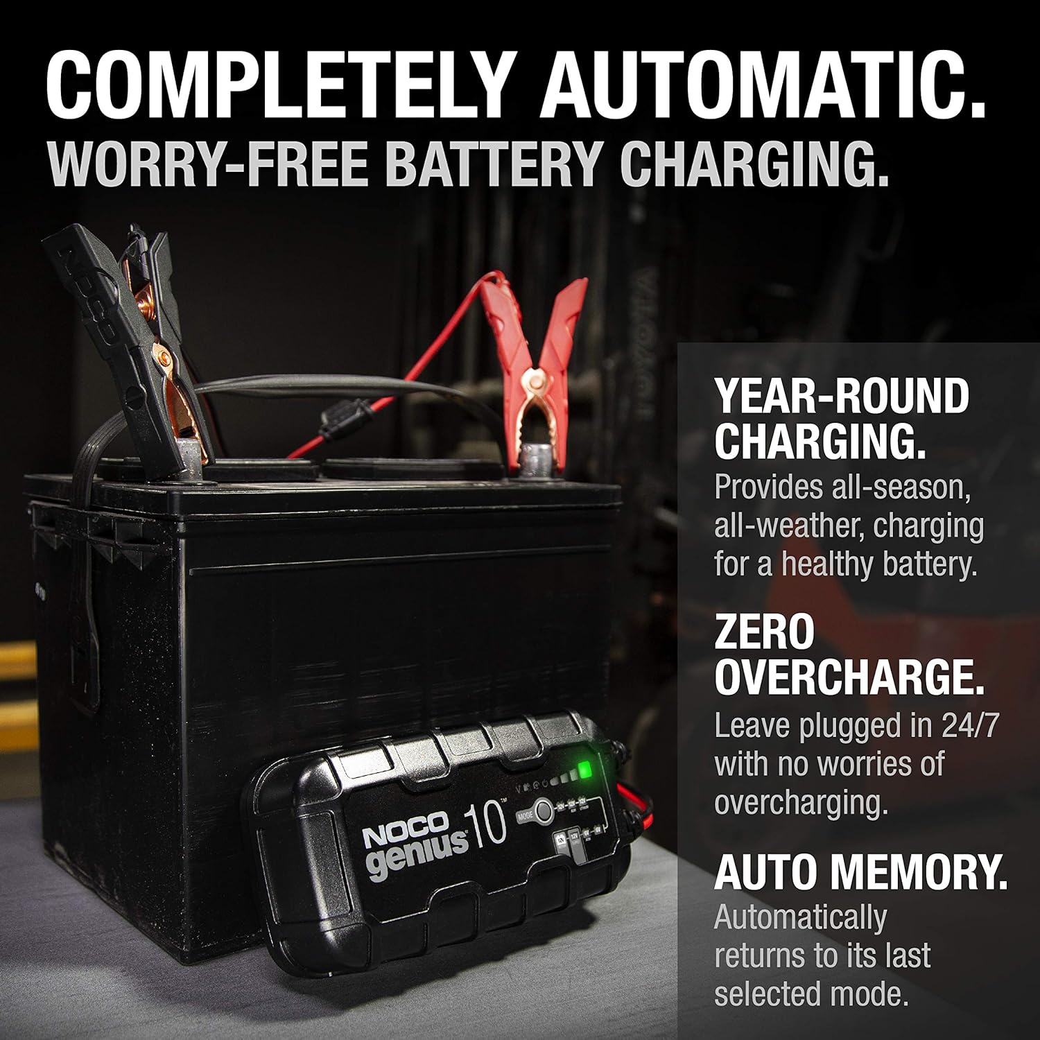 NOCO GENIUS10, 10-Amp Fully-Automatic Smart Charger, 6V and 12V Battery Charger, Battery Maintainer, Trickle Charger, and Battery Desulfator with Temperature Compensation , Black