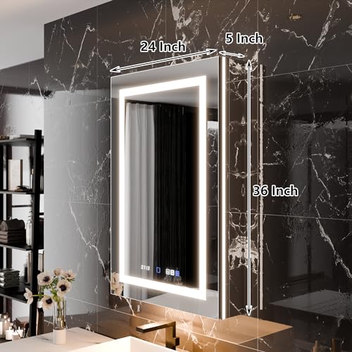 Smart Lighted Medicine Cabinet with Mirror, 24" x 36" LED Medicine Cabinet Mirror for Bathroom with Built-in High-Power Outlet, Stepless Dimming & Anti-Fog, Right Hinge