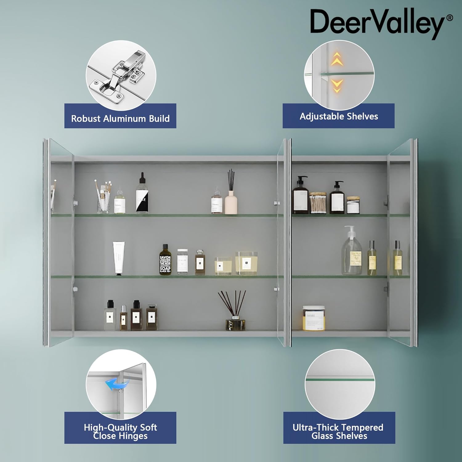 48 inch Medicine Cabinet with Mirror, DeerValley Aluminum 3 Door Mirrored Medicine Cabinet, Frameless Modern Wall Mount Mirrored Medicine Cabinets with 3 Doors and 2 Adjustable Shelves