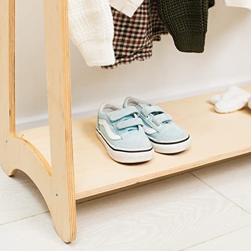 Montessori Clothing Rack for Toddler Furniture Wooden Wardrobe Shelf Clothes Kids Birthday Gift Dress up Wood Display Baby Storage Child Size Children Girl Boy Room Decor (Dark Walnut)