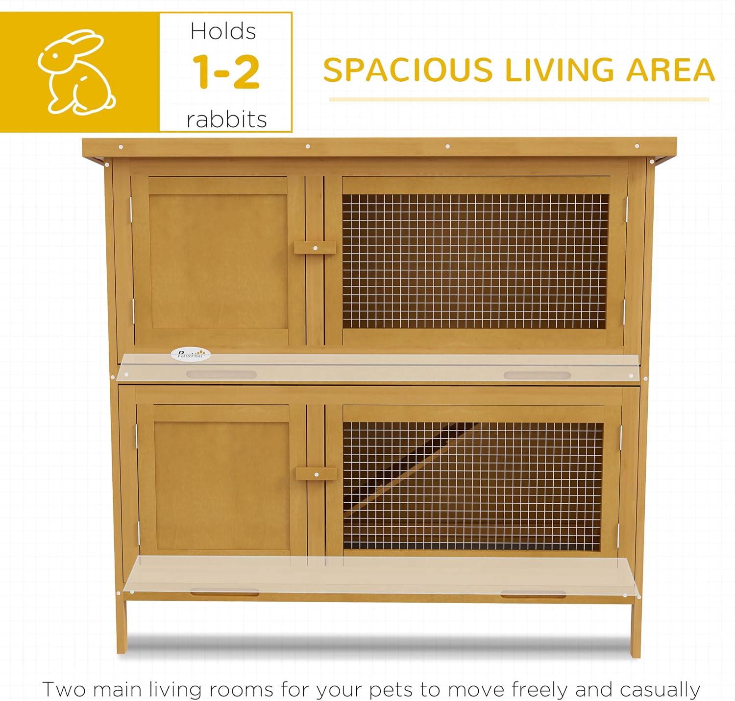 Wooden Bunny Rabbit Hutch, Small Animal Habitat with Ramp, Removable Tray & Weatherproof Roof, Indoor/Outdoor, Yellow
