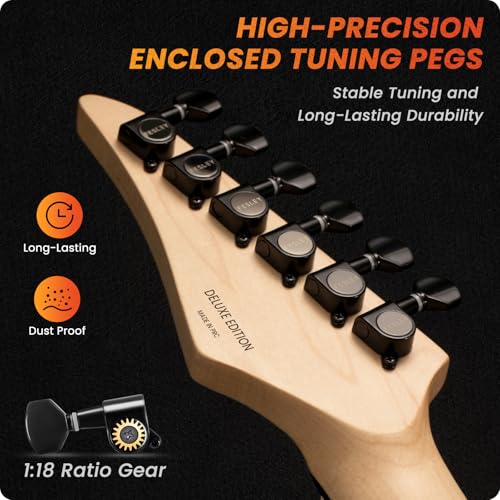 39" Solid Body Electric Guitar: Electric Guitar Kit with Bone Nut, Full Size 6 String Guitars with 24 Frets, Poplar Body AAA Flame Maple Top, Guitarra Electrica with HSS Ceramic Pickup,Black