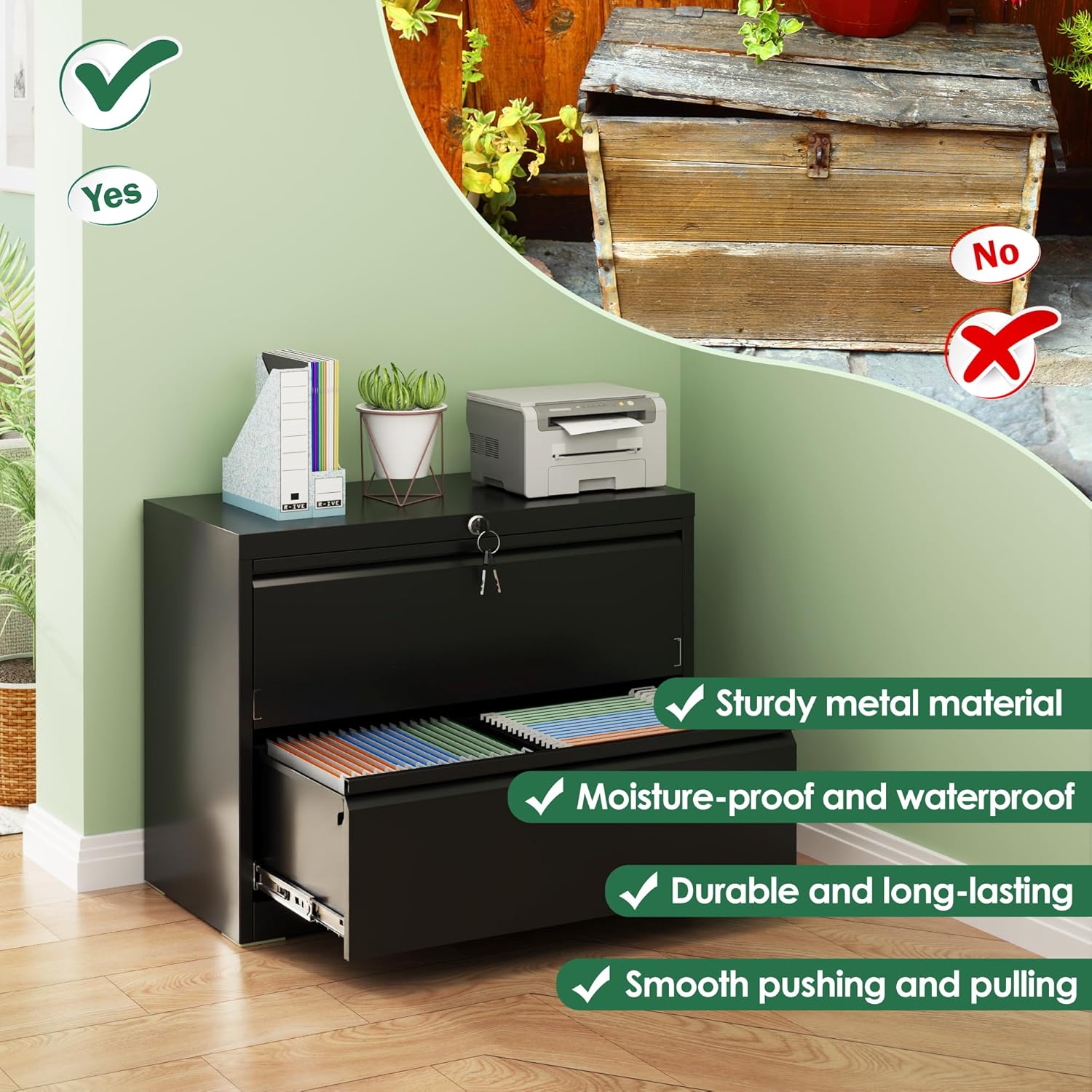 Metal Lateral File Cabinet, 2 Drawer Filing Cabinet with Lock, Ins Design Home Office Storage File Cabinet for Letter/Legal/A4 Size, Assembly Required