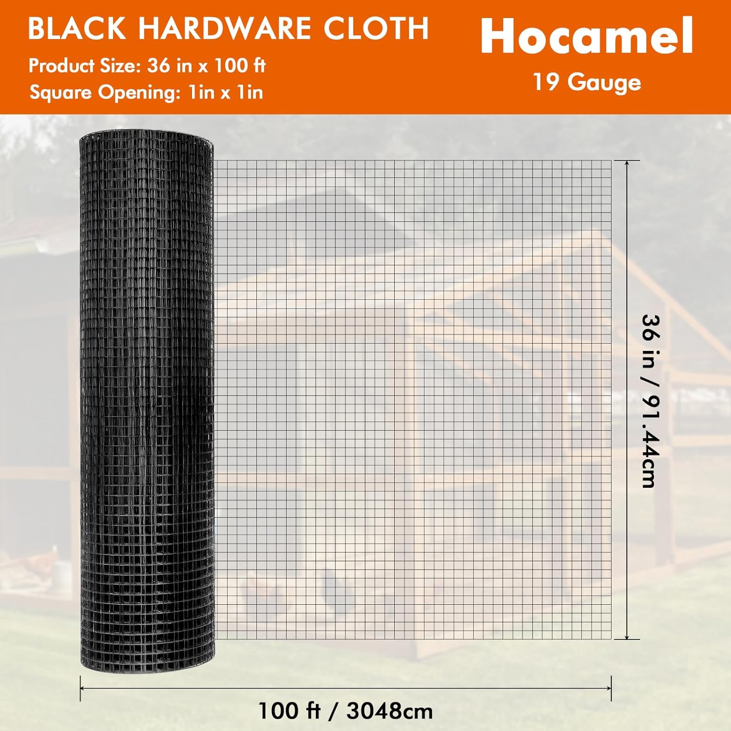 Hardware Cloth 1/2 inch 36 x 100 ft, 19 Gauge Square Vinyl Coated Galvanized Wire Metal Mesh Roll, Black PVC Chicken Wire Fencing for Poultry Cage Home Improvement Projects