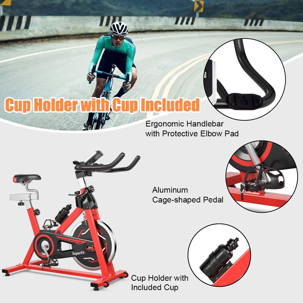 GYMAX Indoor Exercise Bike, 30 LBS Flywheel Adjustable Stationary Cycling Bike with LCD Monitor & Water Kettle, Belt Drive Cardio Training Bike for Home Gym