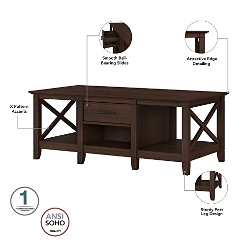 Bush Furniture Key West Coffee Table with Storage with Aged Bronze Hardware | Center Counter for Living Room, 47Wx24Dx18H, Bing Cherry