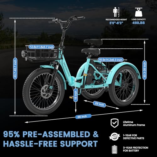 MOONCOOL Electric Tricycle for Adults, 500W/750W 48V 20" Folding Electric Trike Peak Power 1100W, 3 Wheels Electric Bicycle, Aluminum Frame Electric Tricycle with Large Basket and Removable Battery