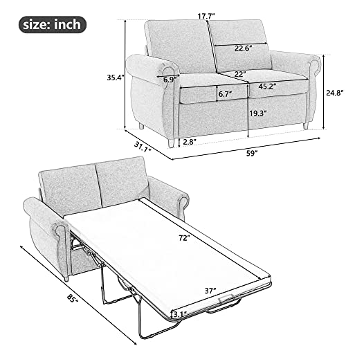 RUNNA Modern Linen Pull Out Sofa Bed Sleeper Sofa Bed with Twin Memory Foam Mattress,Convertible Sleeper Sofa Bed with Removable Backrest and Cushion,for Small Spaces (Gray)