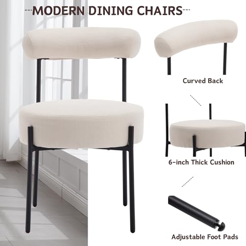 Shunzhi Modern Linen Fabric Dining Chairs Set of 2 Upholstered Dining Room Chairs with Round Seat, Kitchen Chairs Accent Side Chair with Barrel Back/Black Metal Legs for Kitchen/Dining Room, Beige