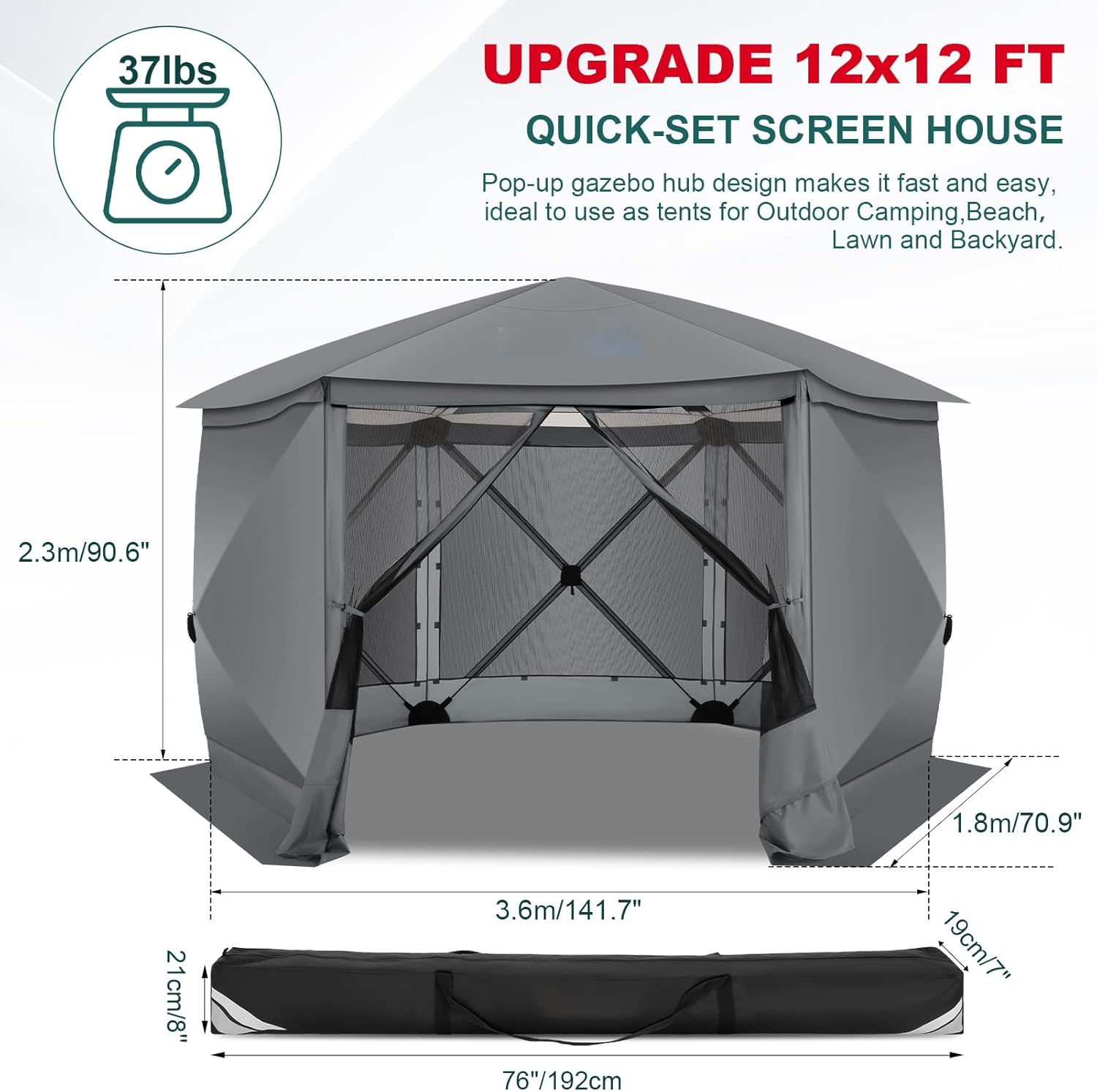 COBIZI Pop up Gazebo Screen Tent Screen House for Camping, 12x12ft Screen Room with Removable Roof, Outdoor Screened gazebo with Sidewalls, Portable Hub Tent with Carrying Bag and Ground Stakes, Grey
