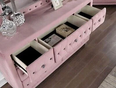 Glam Pink Upholstered Tufted Velvet Like Fabric 4pc Twin Size Bed Set Dresser Mirror Nightstand Bedroom Furniture