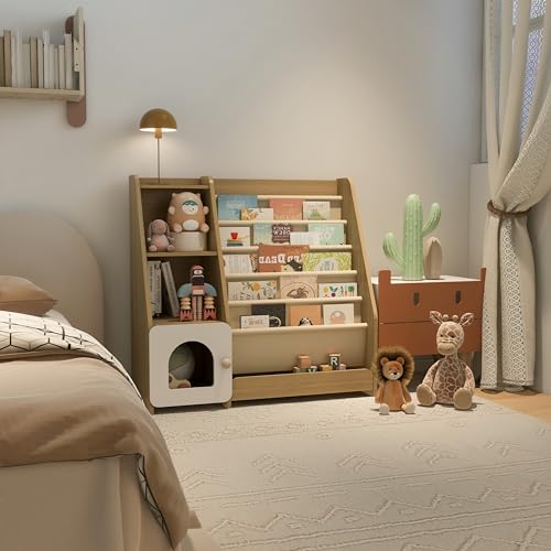 Montessori Kids Bookshelf, 5 Sling Baby Bookcase, 4 Tier Display Shelves, Wooden Book Rack, Toddler Toy Storage Organizer Cabinet, Floor Children Bookshelf Nursery Playroom Bedroom Library, Natural
