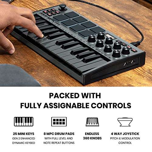 AKAI Professional MPK Mini MK3-25 Key USB MIDI Keyboard Controller With 8 Backlit Drum Pads (Grey) & On-Stage DS7200B Adjustable Desktop Microphone Stand, Black