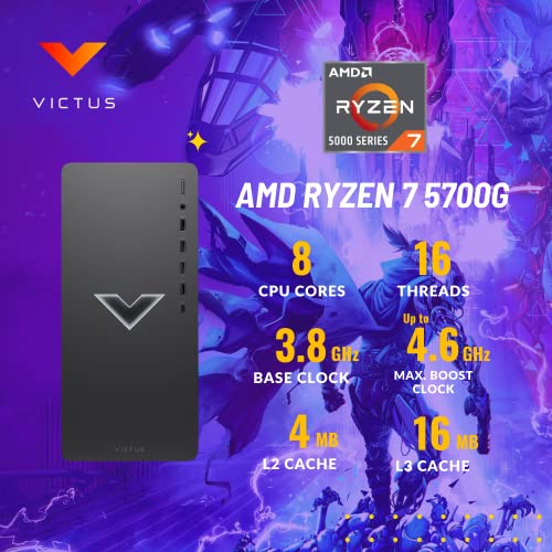 HP Victus Gaming PC, AMD Ryzen 7 5700G (8 cores, 16 Threads), 32 GB RAM, 2 TB PCIe SSD, Radeon RX 6600XT, Gaming Computer Desktop Bundle, USB C, WiFi 6, Windows 11 Home