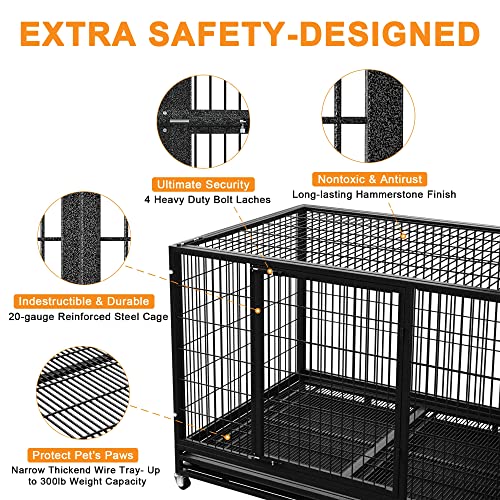 54/48/42/38 inch Heavy Duty Indestructible and Escape-Proof Dog Crate Cage Kennel for Large Dogs, High Anxiety Dog Crate with Removable Wire Trays and Wheels, Extra Large XL XXL