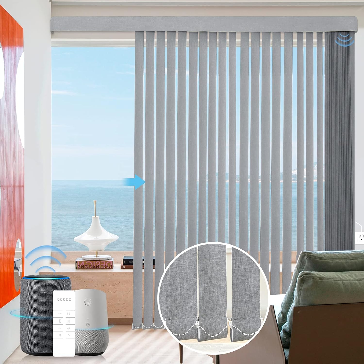 Graywind Motorized Half Shading Vertical Blinds Compatible with Alexa Google Privacy Smart Vertical Blind Remote Control Track Slats Set for Sliding Doors No Valance, Width Up to 157, Textured Khaki