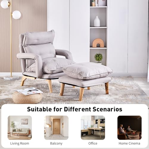 Linen Accent Chair with Ottoman, Adjustable Lounge Chair with Footstool and Soft Cushion, Leisure Sofa Armchair with Wooden Legs, Comfy Relaxing Chair for Lounge, Living Room, Office (Gray)