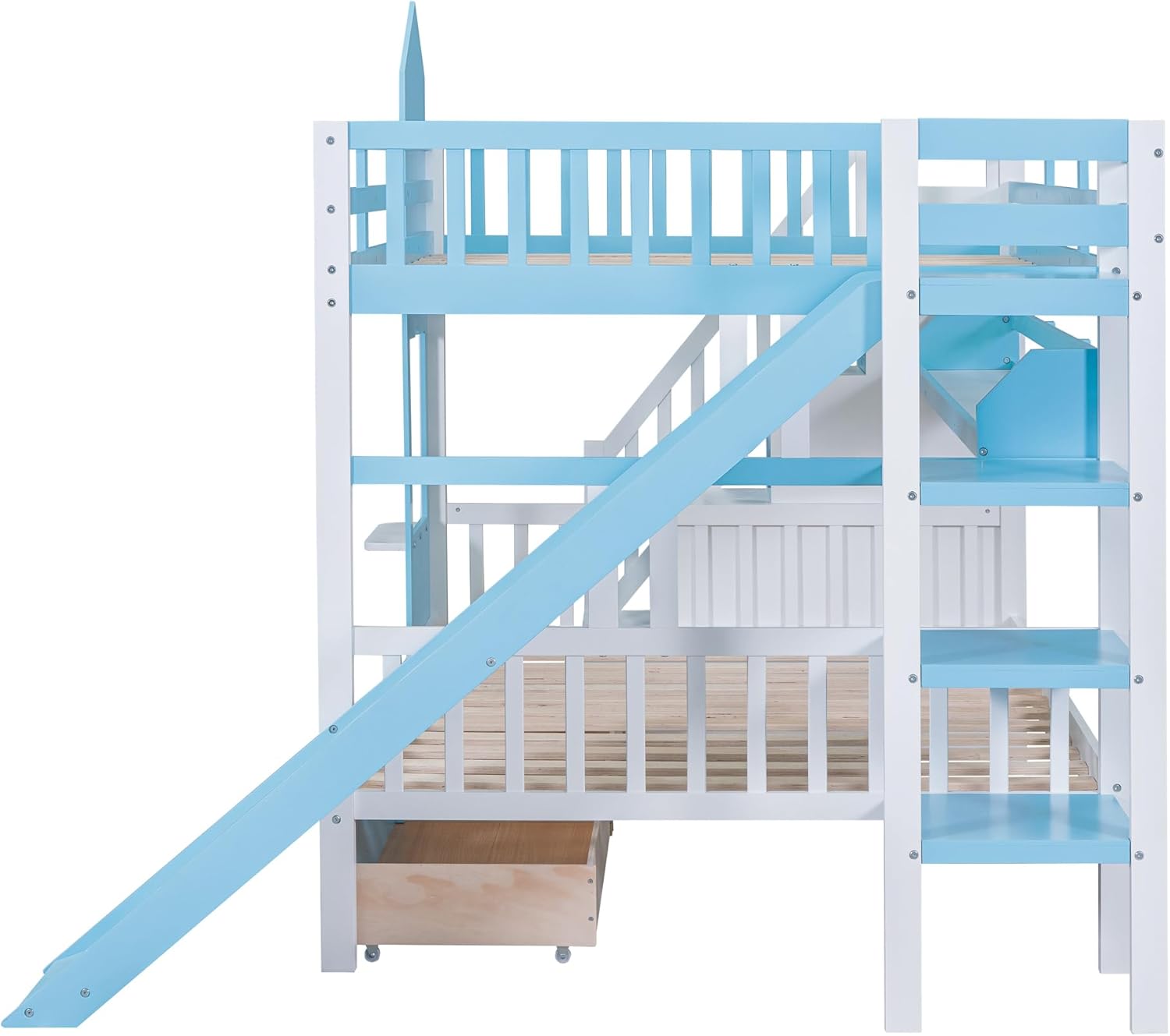 Harper & Bright Designs Full Over Full Bunk Bed with Stairs and Slide, Solid Wood Bunk Bed Frame with Storage Drawers and Bookshelf, for Kids Teens Girls Boys (Blue)