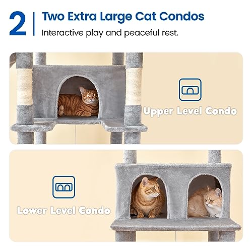 MWPO Extra Large Cat Tree, 77.6-Inch Tall Cat Tower for Indoor Cats with 2 Large Condos, Multi-Level Cat Stand for Large Cat with 3 Hammocks, Wide Perch, Scratching Posts, Dangling Toys, Beige