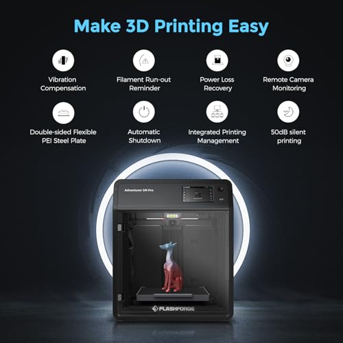 FLASHFORGE Adventurer 5M Pro 3D Printer, 600mm/s High Speed FDM Printer with Fully Auto Leveling, Quick Detachable 280°C Nozzle Bundle, Remote Control, Dual Filtration System, Print Size 220×220×220mm