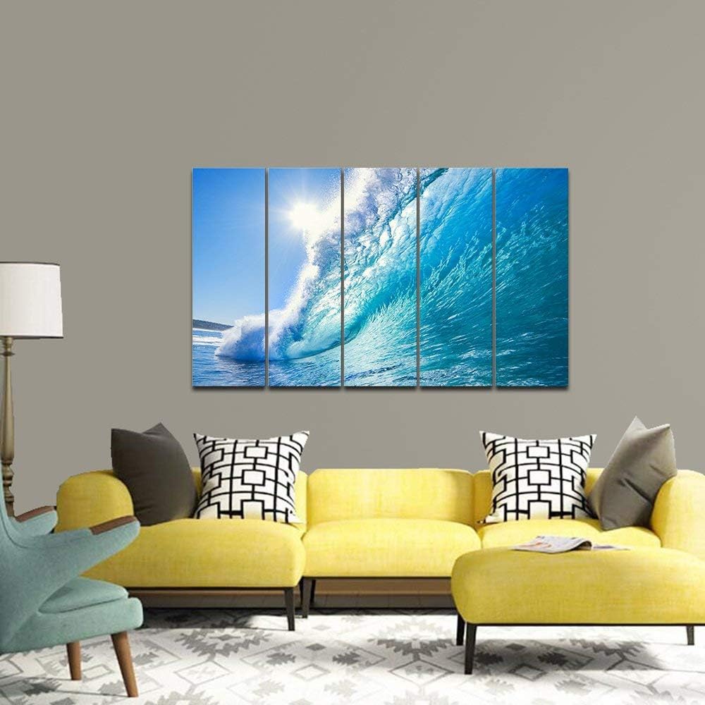 Wieco Art Sea Waves Large 5 Piece Modern Framed Giclee Canvas Prints Seascape Artwork Ocean Beach Pictures Paintings on Canvas Wall Art Ready to Hang for Living Room Bedroom Home Office Decorations