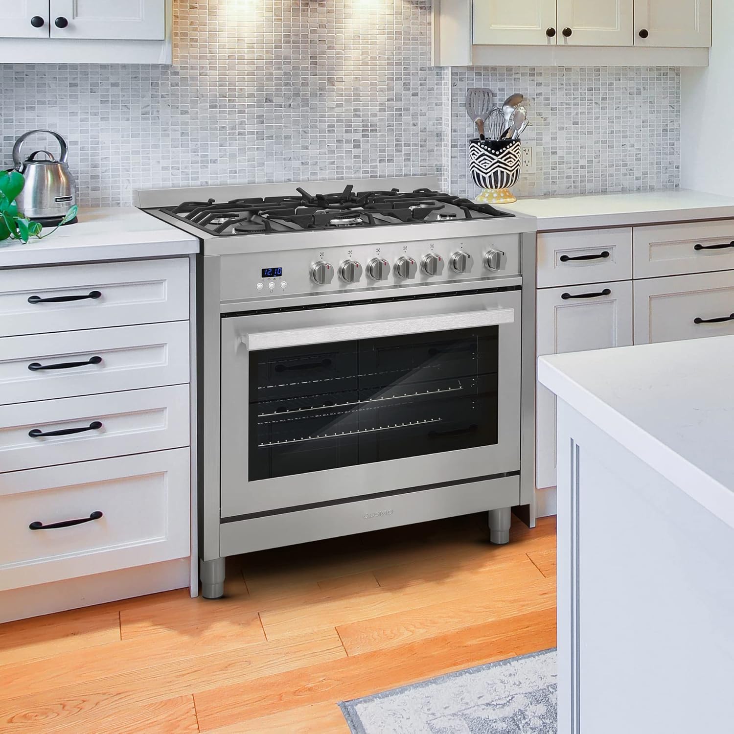 Cosmo COS-965AGFC 36 in. 3.8 cu. ft. Gas Range with Oven and 5 Burner Cooktop with Heavy Duty Cast Iron Grates and 4 Feet in Stainless Steel