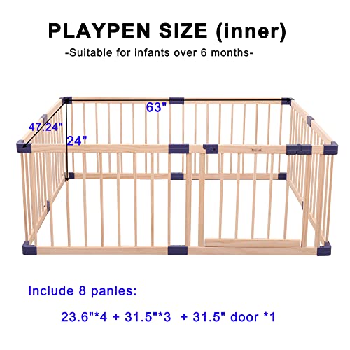 Baby Wooden Playpen,baby Playars, Baby Fence Play Area with Safety Gate, Sturdy Playpen for Babies and Toddlers, Indoor Safety Play Yard (55x79x24 Inches)