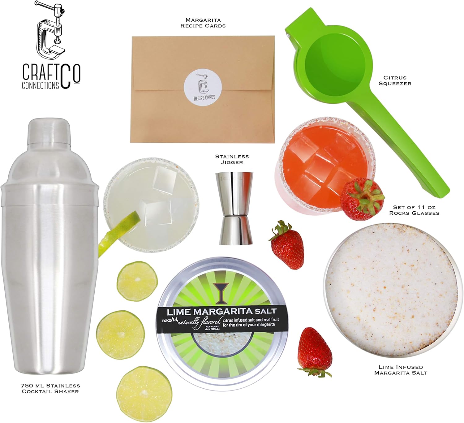 Margarita Cocktail Kit - Set of Rocks Glasses | Stainless Cocktail Shaker & Jigger | Citrus Squeezer | Rokz Lime Infused Margarita Salt | Recipe Cards. Accessories to Craft Perfect Margaritas at Home!