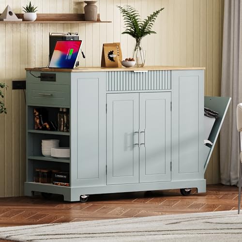 60" Kitchen Island with Drop Leaf and Power Outlet, Rolling Kitchen Cart on Wheels with Trash Can Storage Cabinet, Spice Rack, Towel Rack and Adjustable Shelf for Dining Room
