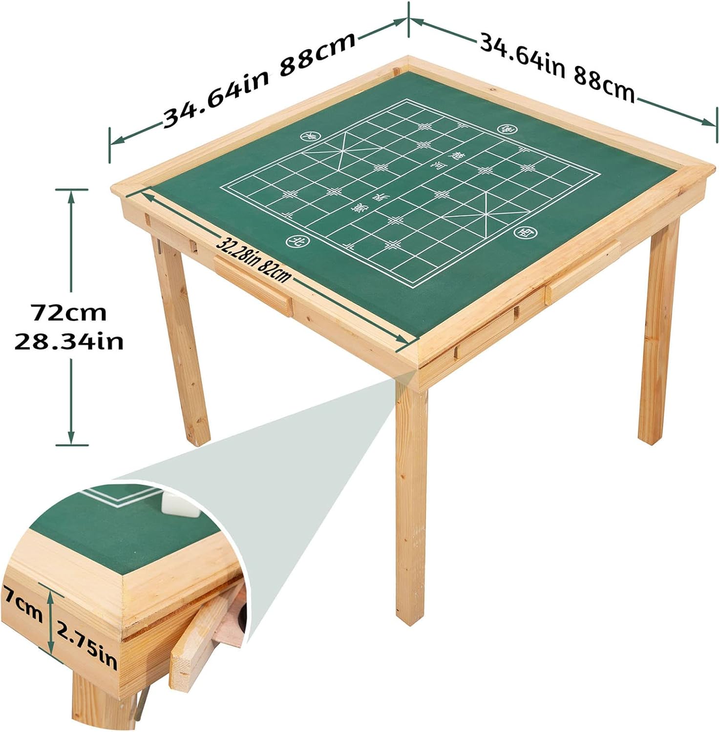 Multifunction Mahjong Table, Folding Card Table with Plush Top, Party Gathering Game Table with 4 Cup Holders & 4 Drawer, 35" Wood