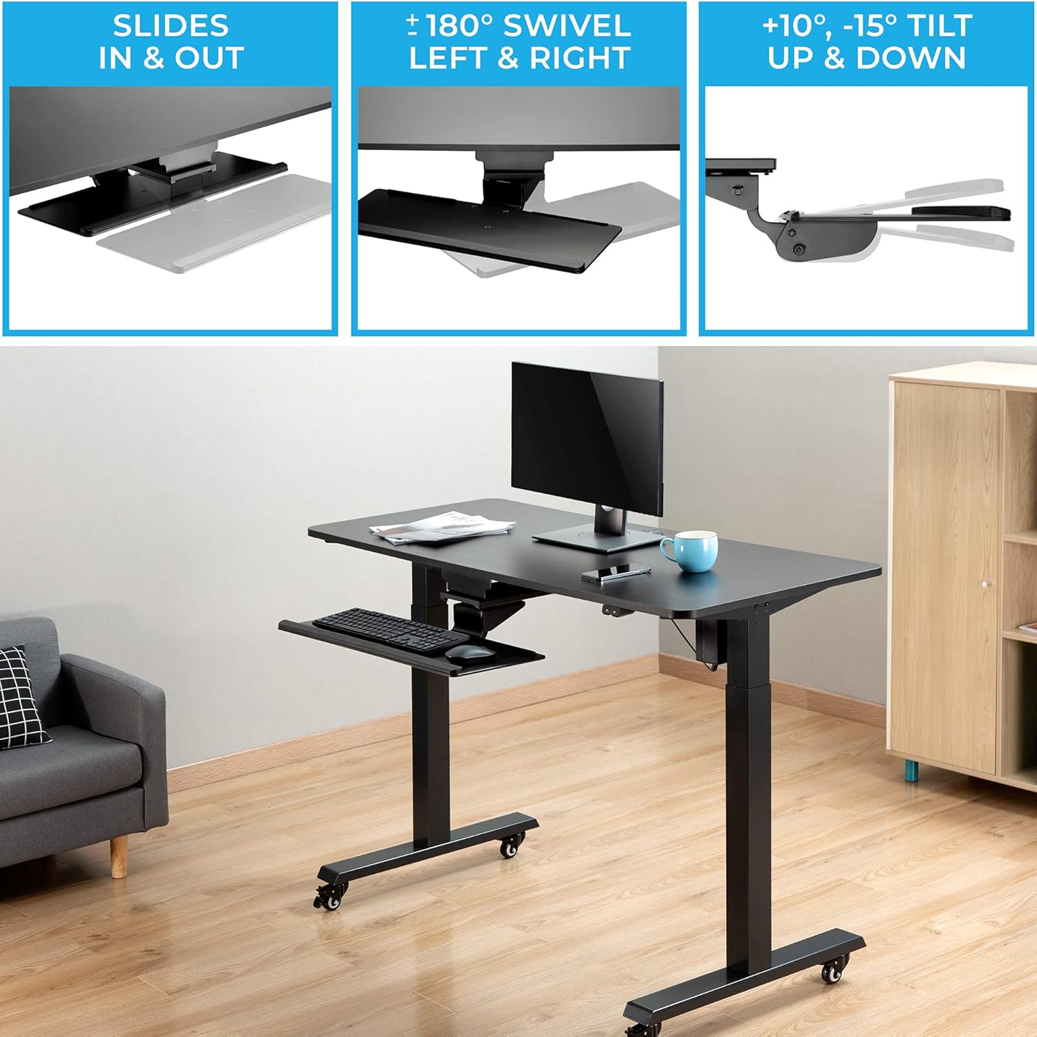 Stand Steady Under Desk Keyboard Tray | Adjustable Tilting Keyboard Shelf for Ergonomic Typing | Screw On Under Desk Storage with Cable Clips (26.5in x 10in / Black)