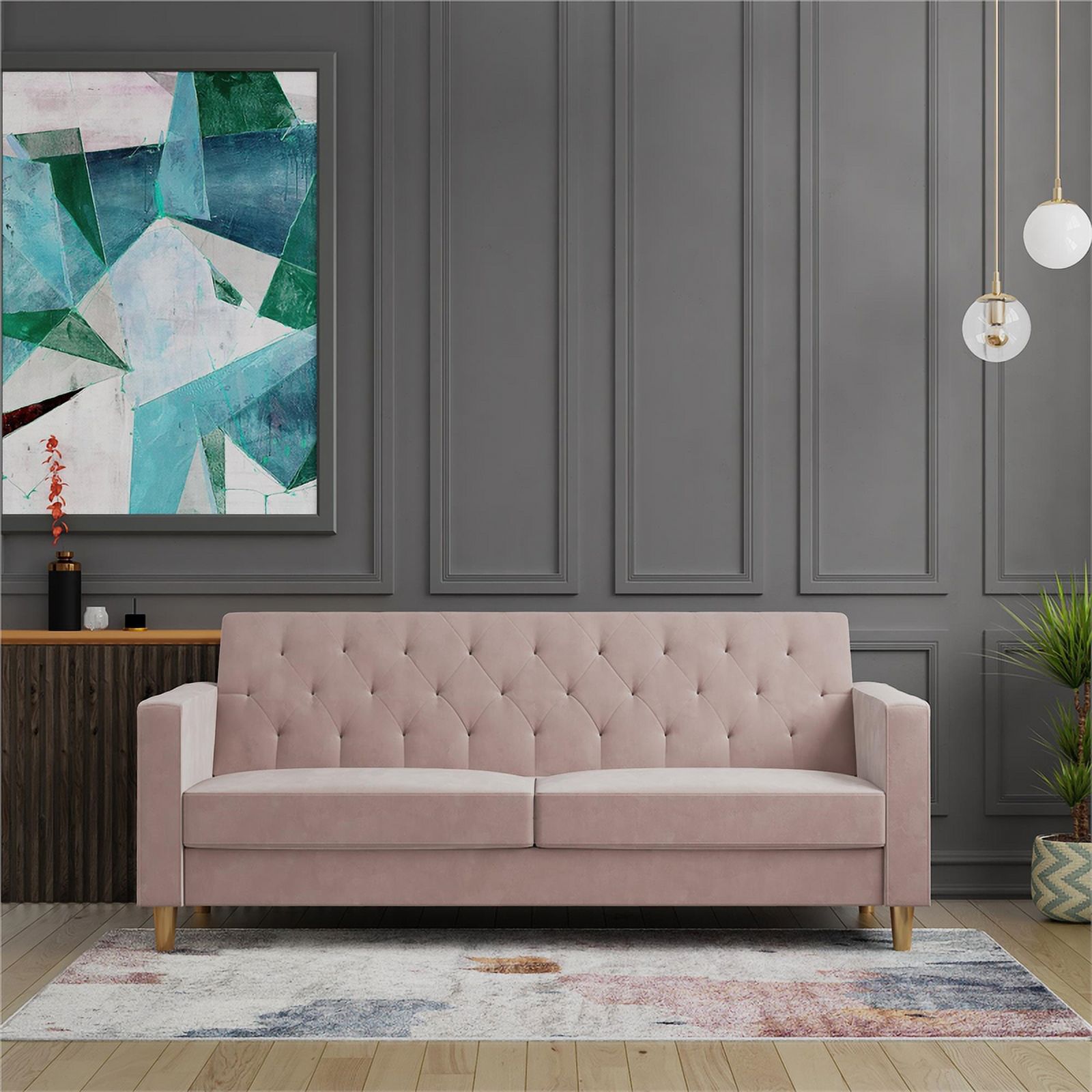 Pemberly Row Contemporary Futon with Storage in Blush Velvet