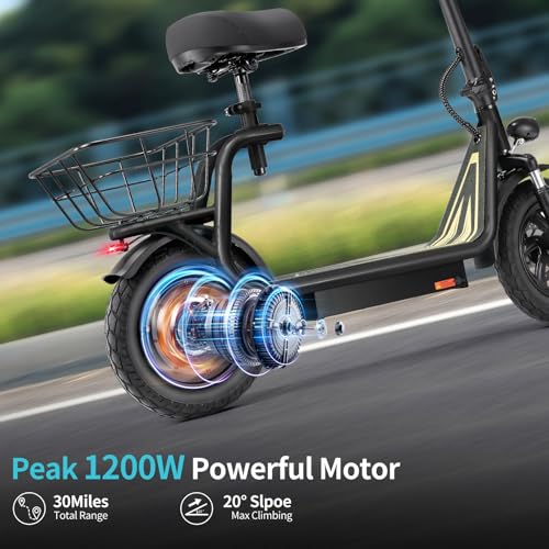 Caroma Peak 800W/1200W Electric Scooter Adults, 30 Miles Max Range, Foldable Electric Scooter with Seat, Front Suspension, Detachable Large Basket,Commuter E-Scooter for Adult and Teens