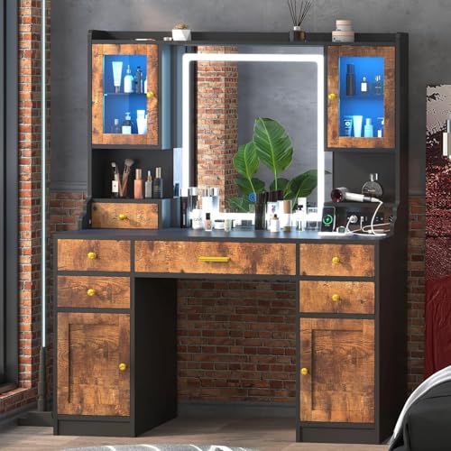 White Makeup Vanity Desk with Mirror and Lights, Large Vanity Table Set with Charging Station, Dressing Table with RGB Cabinets, Makeup Vanity Mirror with Lights Desk and Drawers, 3 LED Lights Modes