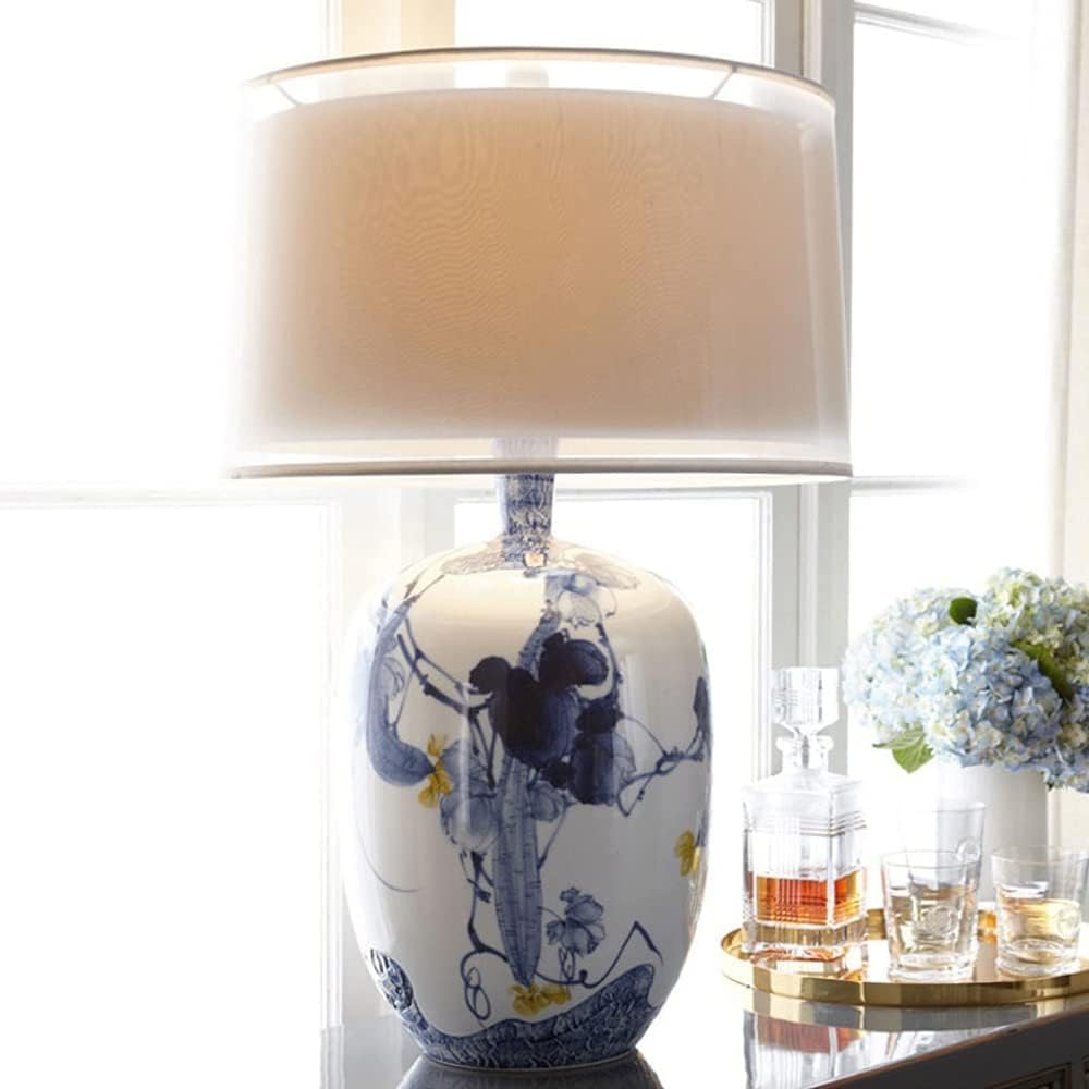 Chinese Blue and White Porcelain Table Lamp Porcelain Temple Jar Blue Floral White Drum Shade Decor Reading Light for Living Room Bedroom House Bedside Home Office E26/27 Base