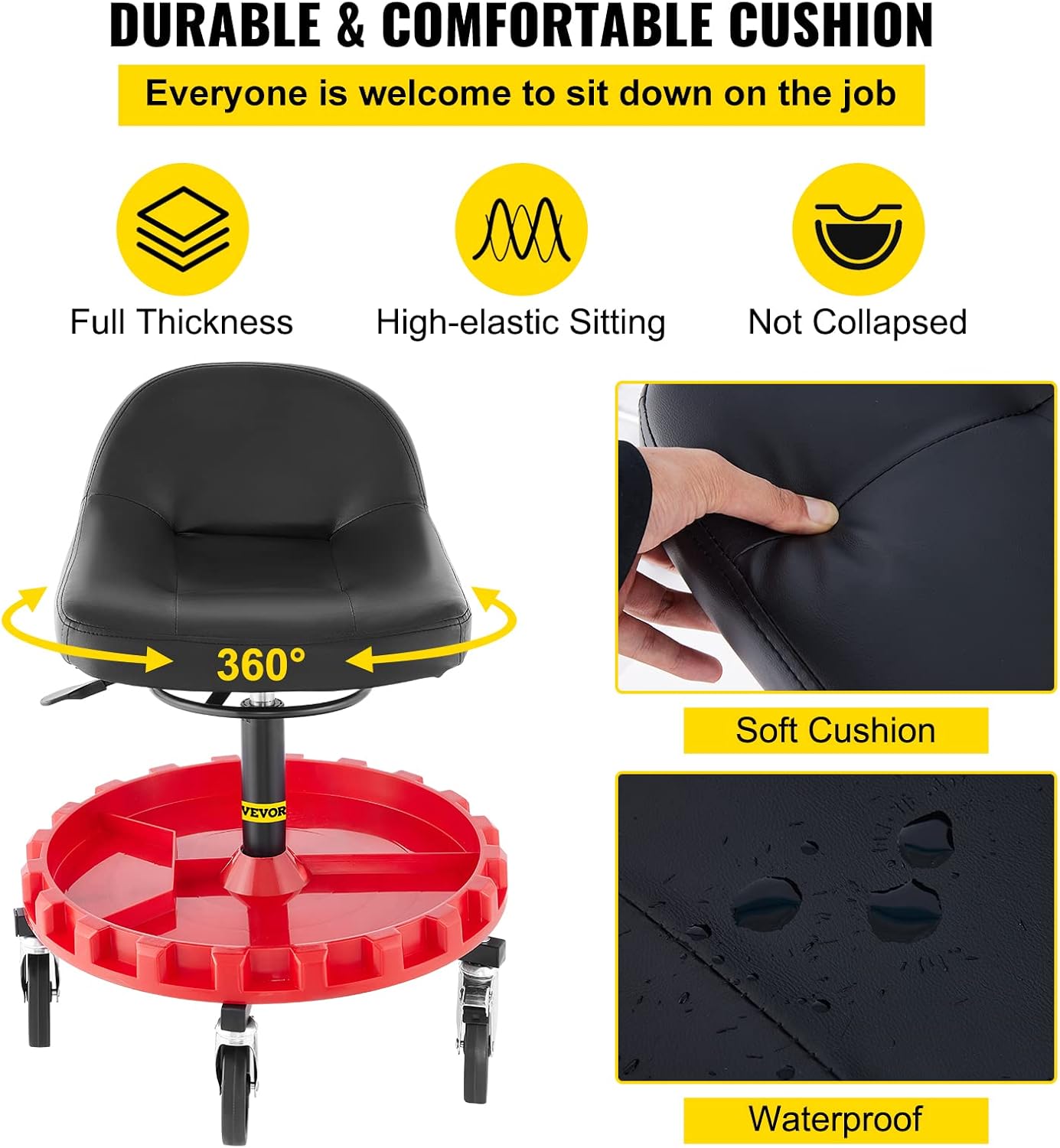 VEVOR Shop Stool, 400 LBS Rolling Garage Stool, 22” to 26” Adjustable Height Mobile Rolling Gear Seat, Round Tray Garage Pneumatic Stool, All-Terrain 5 Casters with Two Brakes Mechanic Seat