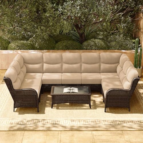 Luxury Patio Furniture Set with 6-inch Thick Cushion, Outdoor Couch and High Back Swivel Rocker Patio Chairs, 7PCS Wicker Conversation Set for Deck, Yard, and Poolside in Blue (V2)