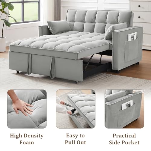 Homtique Pull Out Sleeper Sofa Bed, 55" Tufted Velvet Convertible Loveseat Futon Sofa with 3 in 1 Pullout Bed, Adjustable Backrest w/Lumbar Pillows Side Pockets for Living Room, Bedroom,Black
