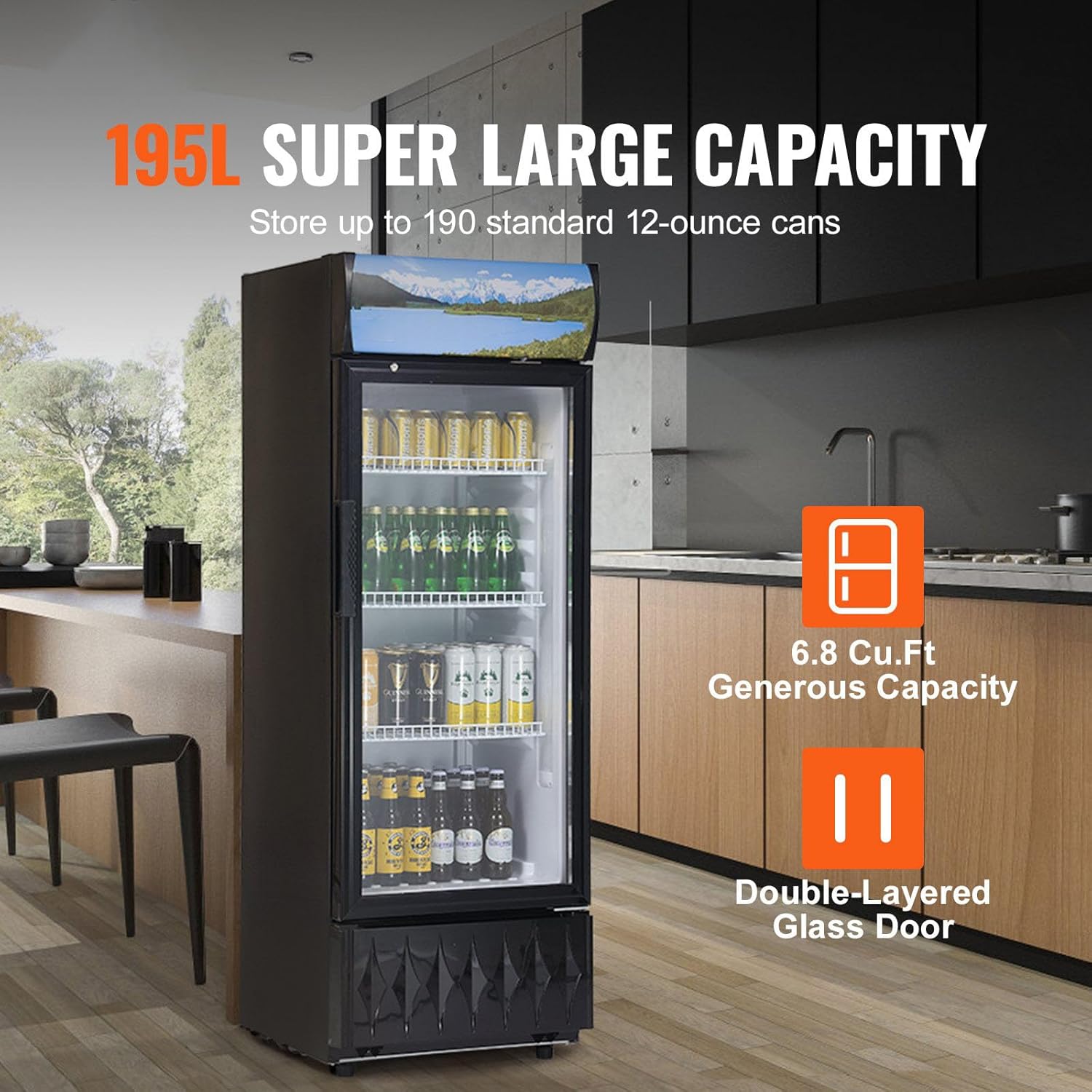 Commercial Merchandiser Refrigerator 6.8 Cu.Ft Beverage Cooler Glass Door Display Upright Fridge with 3 Adjustable Shelves Customizable Lightbox, None*None*None, black, 1XBV003142