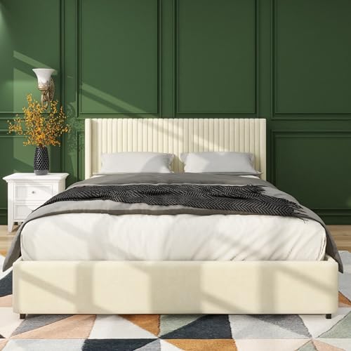 Queen Size Linen Upholstered Platform Bed Frame with 4 Storage Drawers and Wingback Headboard, Wooden Slat Mattress Support, No Box Spring Needed, Grey
