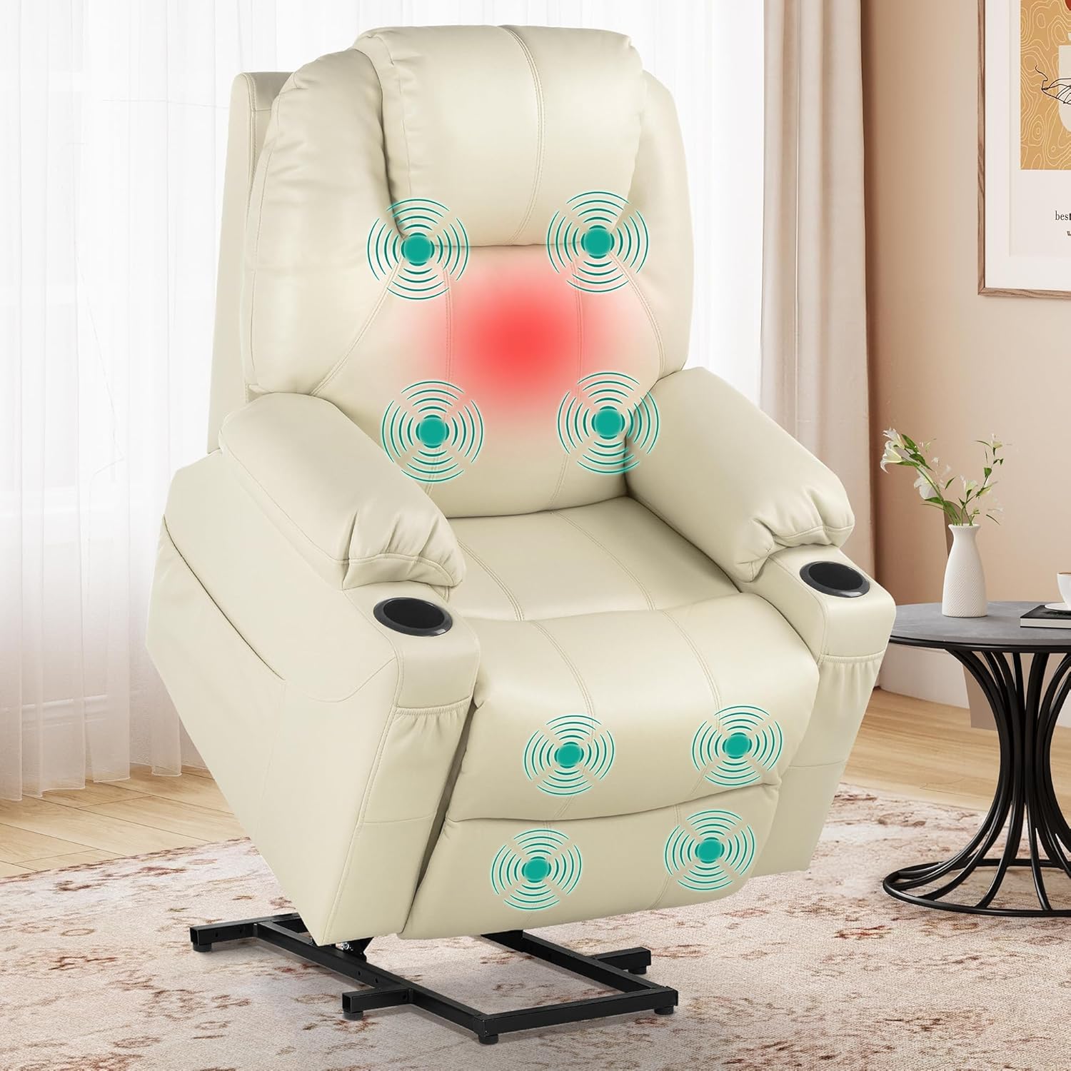 YITAHOME PU Power Lift Recliner Chair with Massgae and Heat for Elderly, Lift Chair with Remote Control for Living Room, with 2 Cup Holders Side Pockets, Off White3