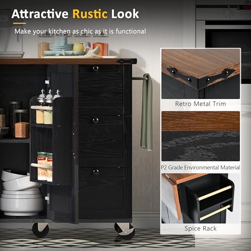 54.5" Farmhouse Mobile Kitchen Island with Power Outlet, Drop Leaf, Spice Rack and Drawer - Rolling Kitchen Cart with Ample Storage, Rustic Storage Islands for Home and Dining Room
