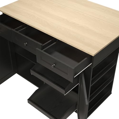 GarveeHome Rolling Kitchen Island Cart with Power Outlet & Drop Leaf, Kitchen Storage Cabinet On Wheels with 3 Drawers, Spice Rack & Towel Rack, Mobile Island Table for Kitchen, Black