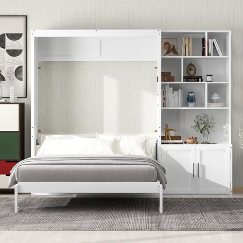 Queen Size Murphy Bed with Desk, 68 inch Murphy Bed Frame, Solid Wood Foldable Platform Bed,Foldable Cube Cabinet Queen Platform Bed, Space-Saving Wall Bed for Guest Room Home Office, White